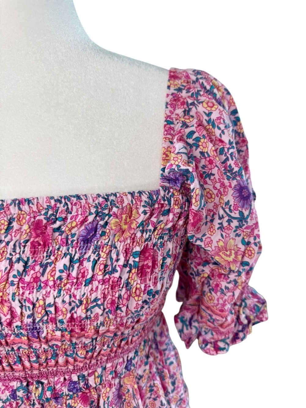 Pink Floral Smocked Puff Sleeve Midi Dress Size Large - Picture 7 of 9